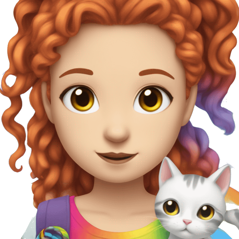 a white girl with long red curly hair in a pony tail with rainbow shirt does peace sign wearing cat ears one black other white emoji