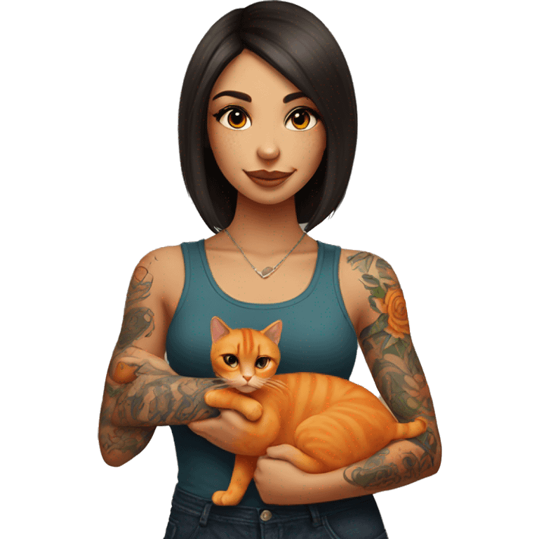 Tattooed brunette girl holding orange cat emoji