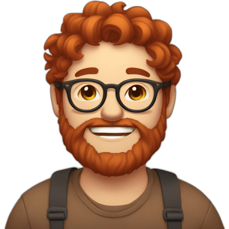 Chubby, non binary, round glasses, long brown hair and chaotic red beard, laughing ans sleepy emoji