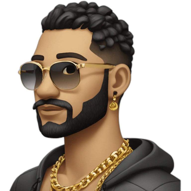 Russian strong thug wearing gold chain with black hair and short beard, mid-fade hairstyle, wearing designer fendi emoji