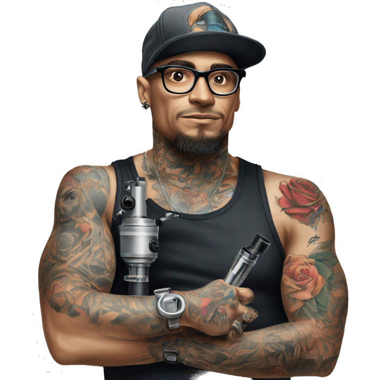 cap and glasses man half body tattoo artist with tattoo holding tattoo machine emoji