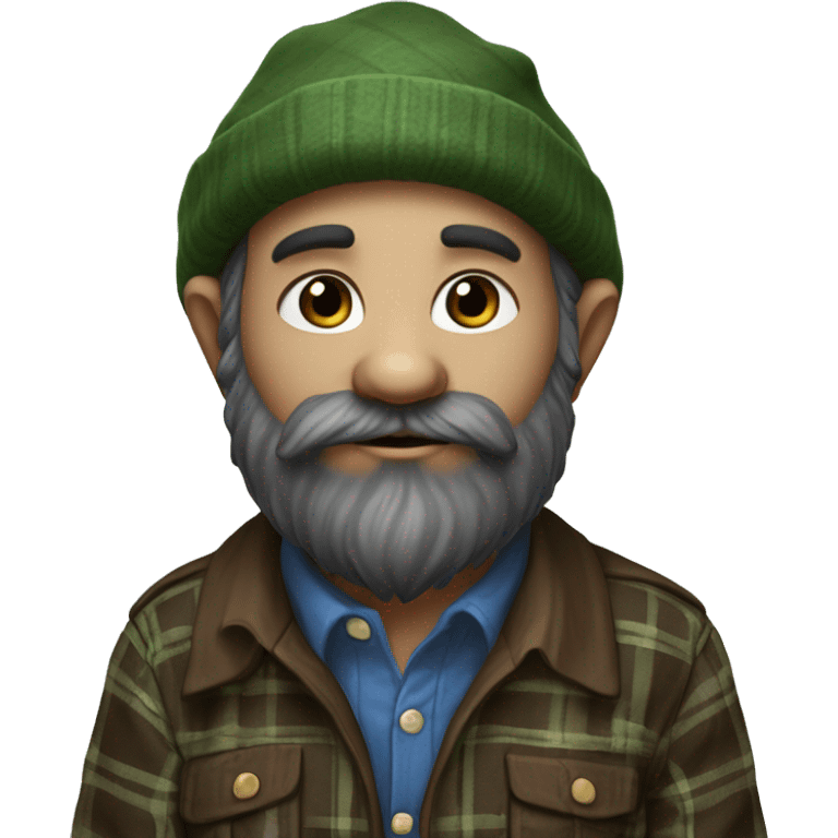 gnome with almost black beard, dark brown eyes, young, with a BLUE wool hat, brown boots and a green plaid shirt. The body should be cartoonish and not realistic. emoji