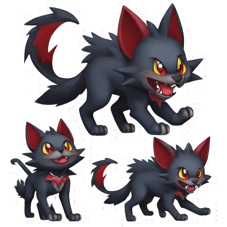   cool edgy fantasy anime-style dark animal vampiric Litten-Zoroark-Nargacuga-cat-hybrid Fakemon with big fangs and bat-ears full body emoji