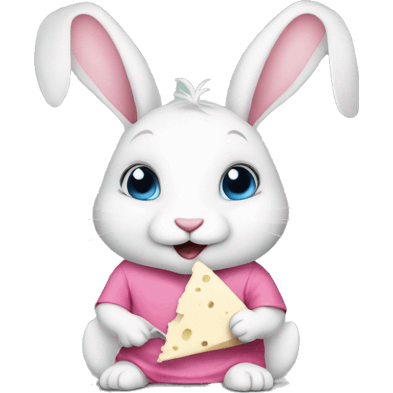 Cute rabbit: a white rabbit wearing a pink shirt . Eating a gorgonzola cheese emoji