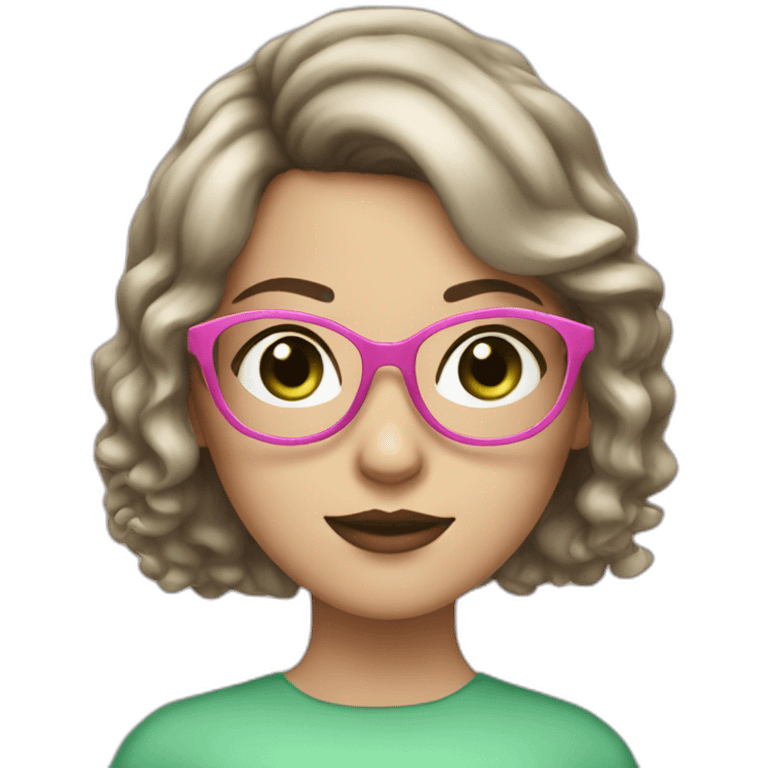 White Girl with pink glasses, green eyes, dark brown curly bob and fringe emoji