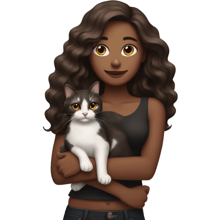 long wavy haired brown skin woman holding black and white cat emoji