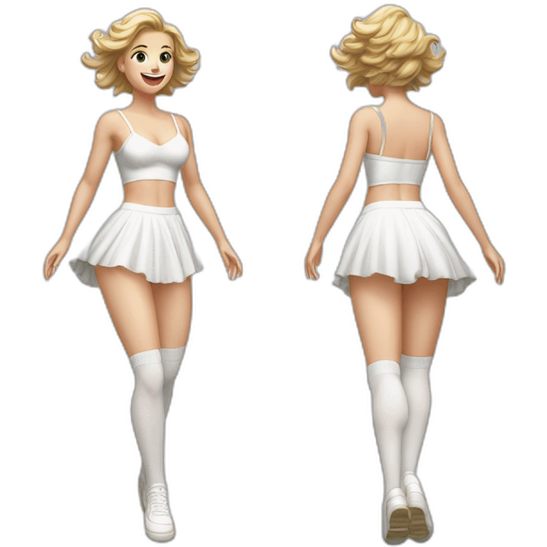 hyperrealistic-full-body-caucasian-curvy-beauty-jumping-small white-skirt-back-and-front-views-strong-wind-white knickers white socks emoji