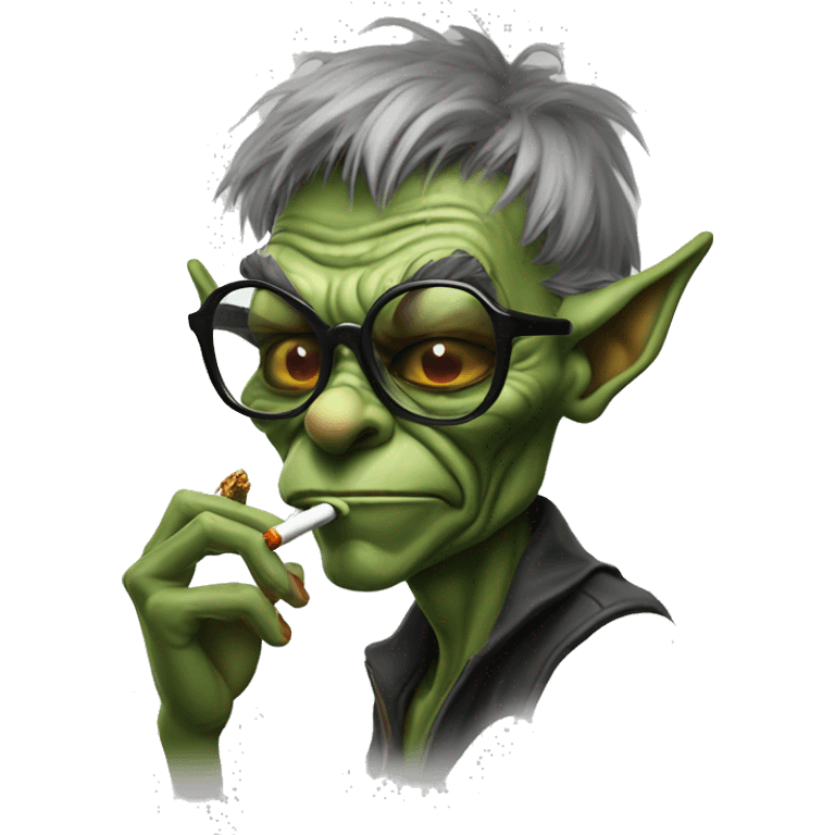 GREEN FACED GOBLIN SMOKEING CIGARETTE WITH COOL GLASSES ON  emoji