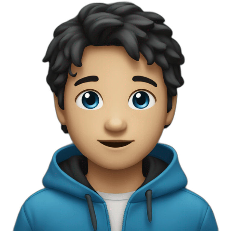 un niño con pelo liso y negro  medio oscuro con ojos azules oscuros emoji