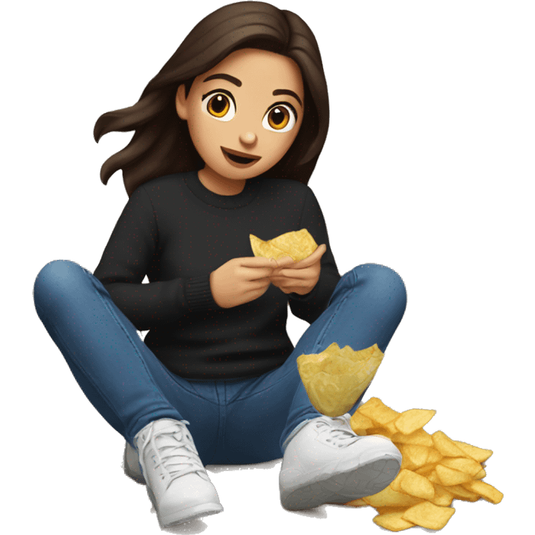 Brunette girl with black sweater an blue jeans and brown Uggs eating chips emoji