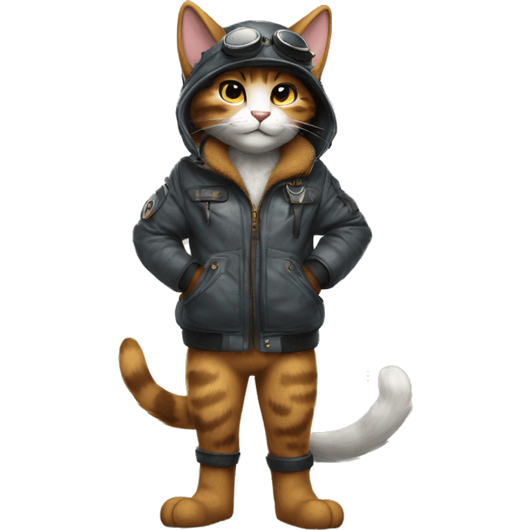 Anthro Fur-Sona feline-Fakémon with an aviator jacket gloves and cap Full Body emoji