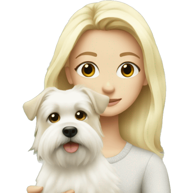 blonde girl with white fluffy dog near Christmas tree emoji