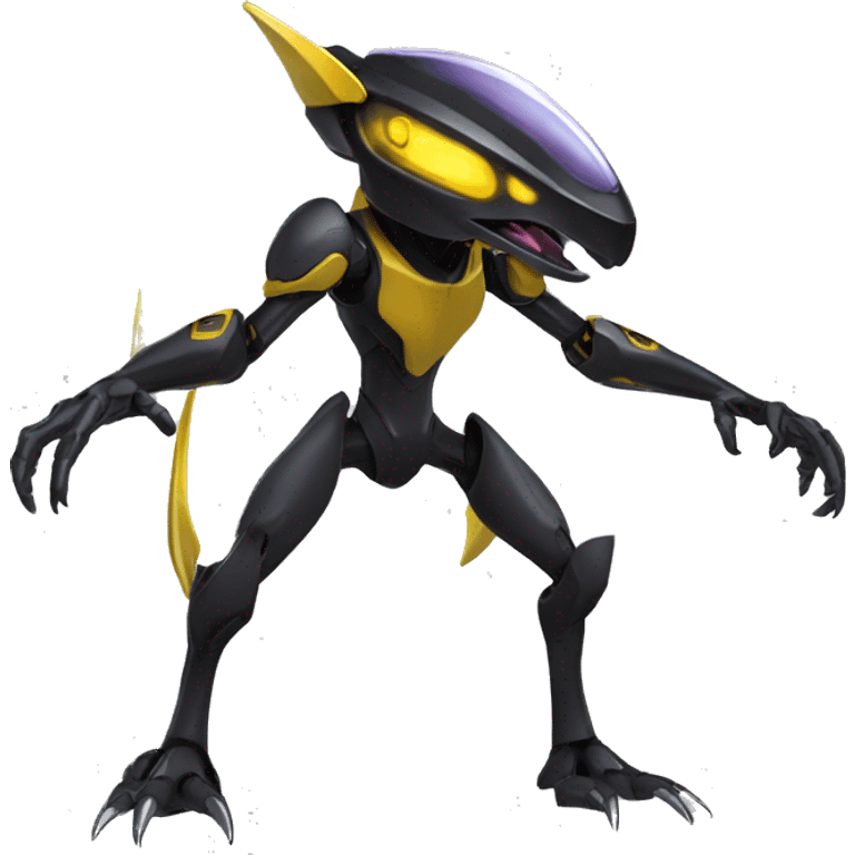 a shiny black-yellow Genesect-Raptor-Fakémon—hybrid with a futuristic visor-helmet full body emoji