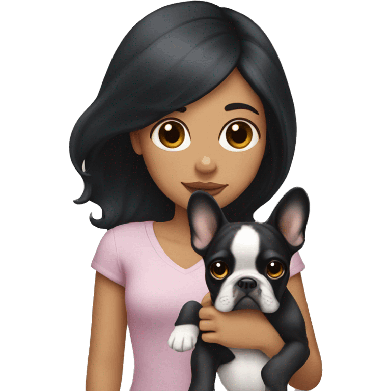 Girl with long black hair holding a fawn French bulldog  emoji