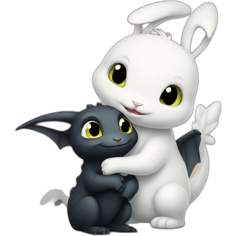 Toothless the dragon hugging a white bunny emoji