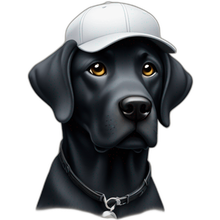 Labrador noir avec une casquette de baseball et une pipe emoji