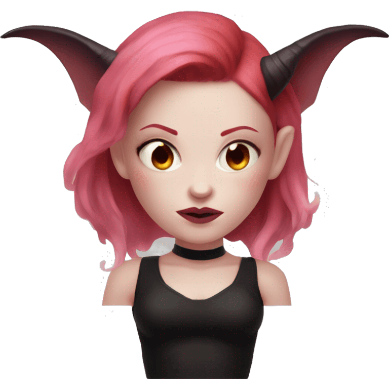 Demon succubus with red hair, pink eyes, and pale skin. She has dark horns and a black crop top. emoji