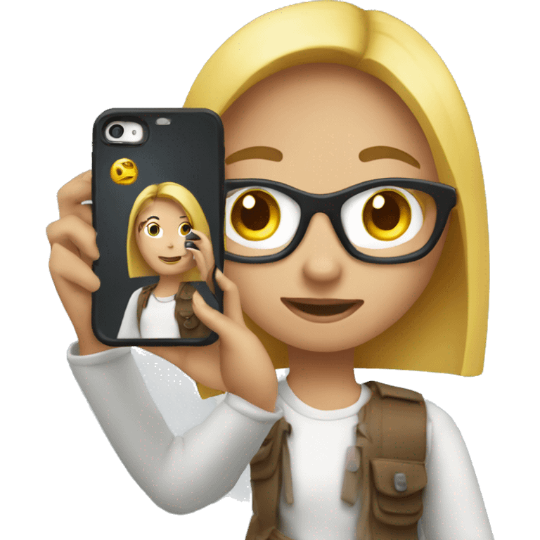 A girl holding a mobile is photographing emoji