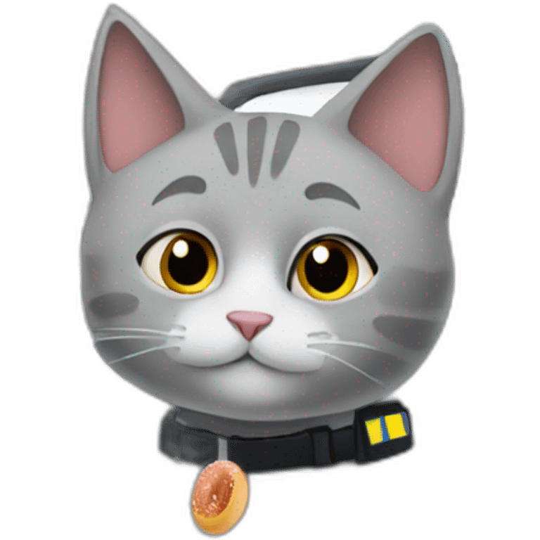 grey cat sitting in a police car. The car is parked outside a doughnut shop emoji