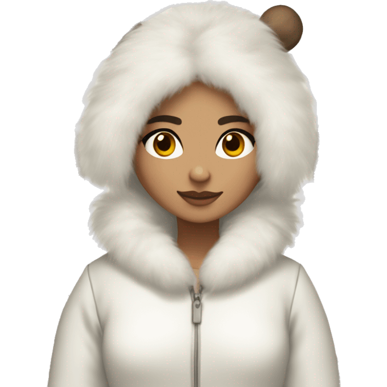 Brunette girl with long straight hair and a light olive skin color with brownish eyes and wearing white fluffy eat muffs and a white fur coat  emoji