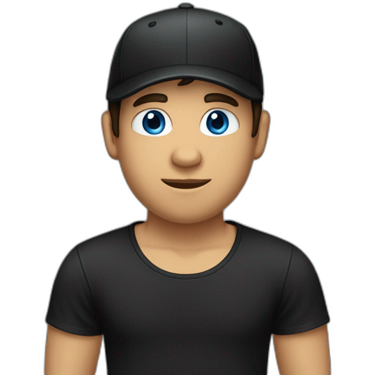 a guy with blue eyes, dark hair and bangs in backward black cap and in a black t-shirt emoji