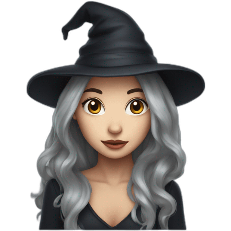 cute witch with long dark brow hair and hat emoji