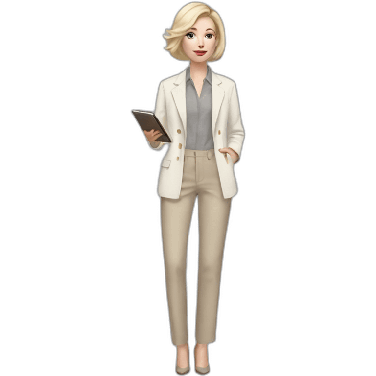 Full height pale skin woman with ash blonde Straightened bob Hair, White Spacious jacket, beige Arrow pants and gray blouse holding a color palette in the hands emoji