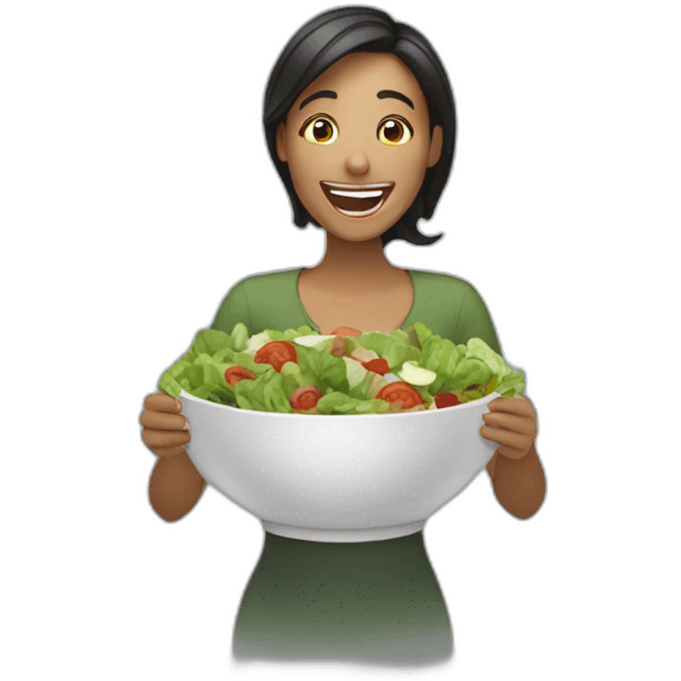 woman laughing alone with salad emoji