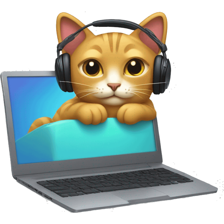 Cat with headphones on its ears, making music on a computer while lying down  emoji