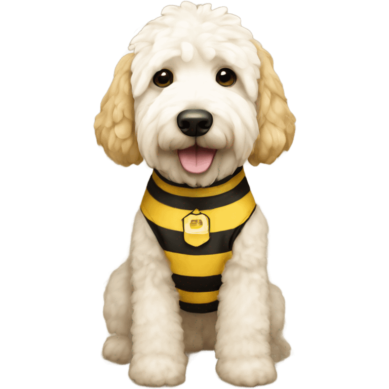 A white and cream golden doodle in a bee outfit  emoji