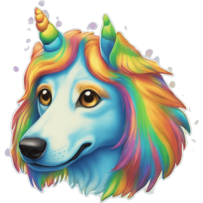 Multicolored rainbow retro groovy tie dye hippie trippy floral patterns on a metallic holographic iridescent blue dog face head unicorn emoji