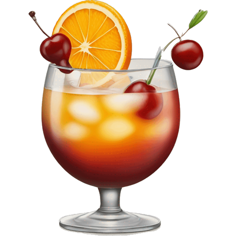 Cocktail garnished with an orange and a cherry emoji