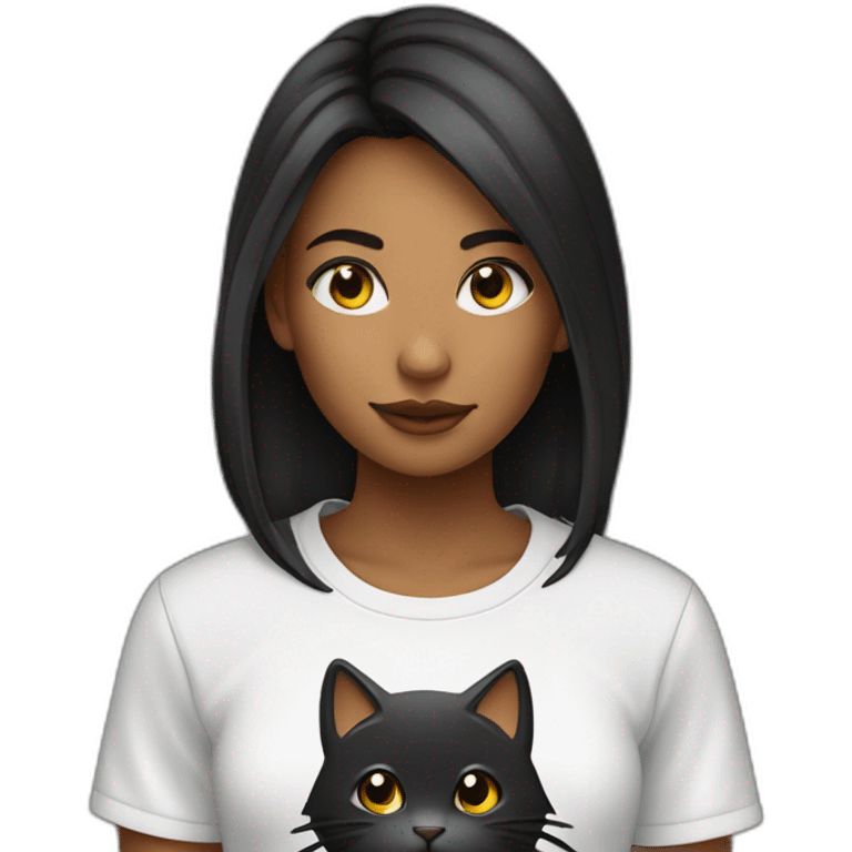 Une fille au cheveux noir avec un t-shirt de chat emoji