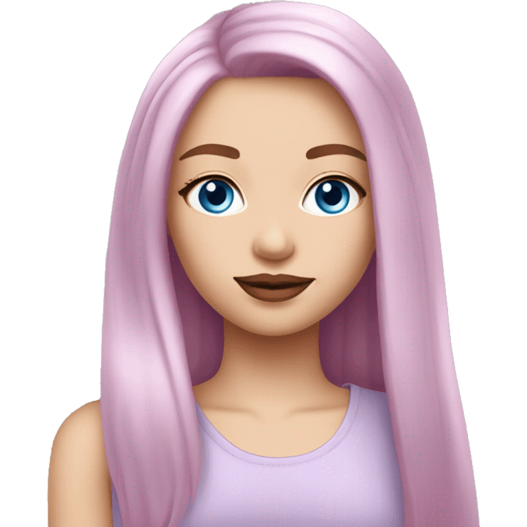 a beautiful girl with fair skin, blue eyes and long straight soft pink hair, with pink lipstick. in a lilac fashionable top emoji