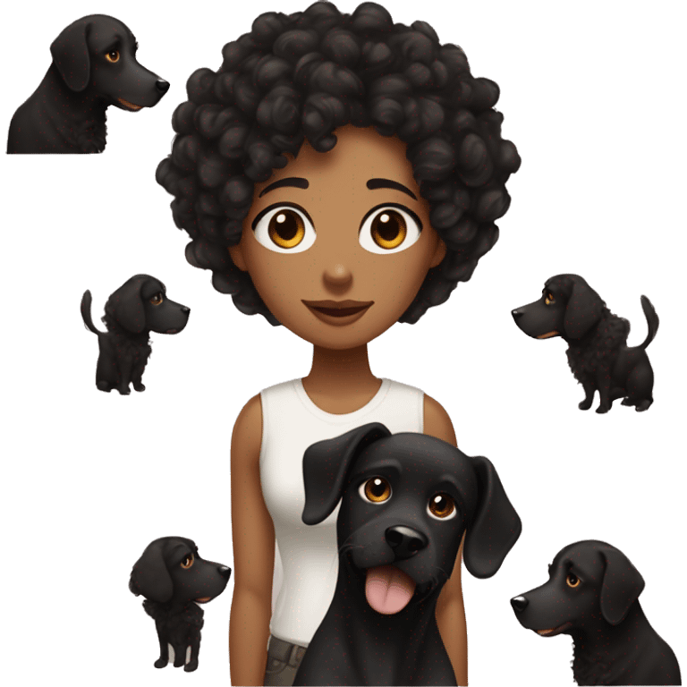 Woman with black curly hair and a big black dog with small brown markings emoji