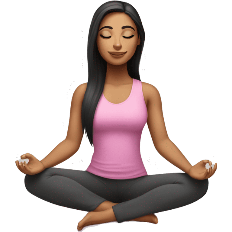 Realistic Hispanic girl with long straight hair and makeup  wearing pink doing yoga sitting on yoga mat  emoji