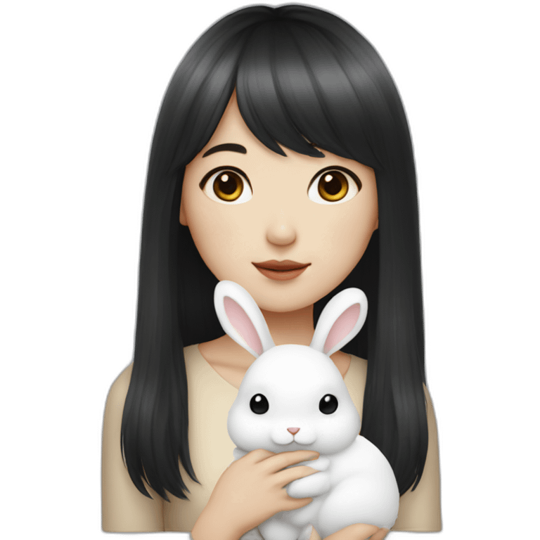 korean girl with long black hair bangs holding white rabbit emoji