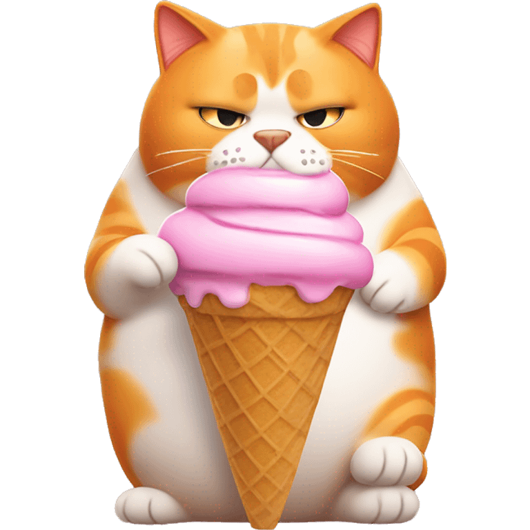 Fat orange cat who is sad eating ice cream cone emoji