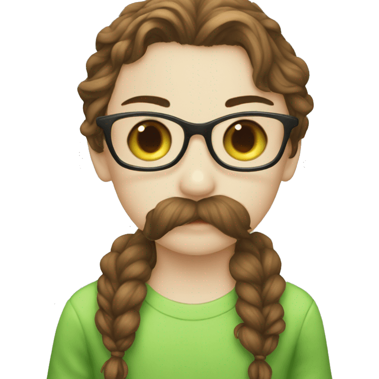 A boy with brown hair and a mustache is kissing a green haired girl wearing glasses emoji