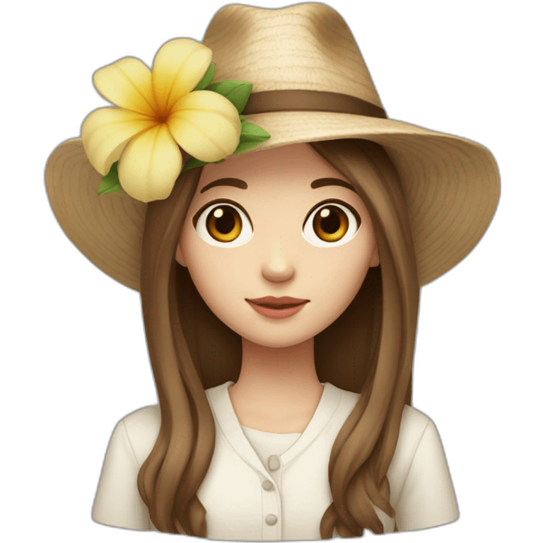 white skin, Girl with a flower in her hand, with a hat, shoulder-length brown straight hair emoji