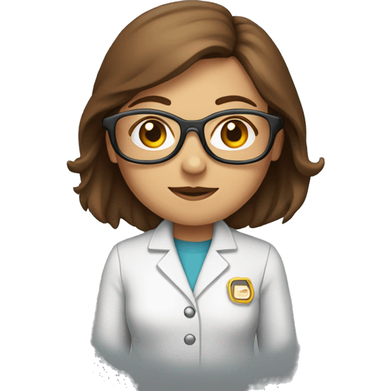 Female scientist emoji with long brown hair, wearing round glasses and a lab coat, facing forward. emoji