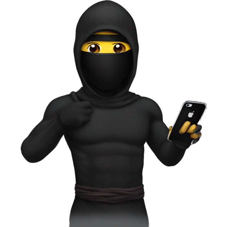 Black ninja speaking with iphone 15 max pro emoji