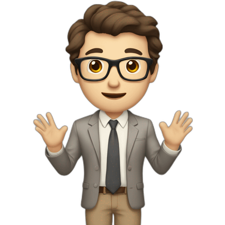 To belt Actively gesturing with hands Pale skinned fit man with dark brown hair in gray jacket, beige office shirt, brown tie, brown pants and vintage glasses. emoji