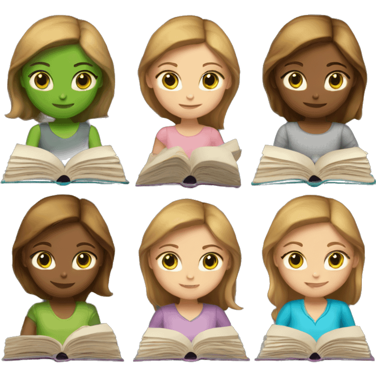 A girl with light brown hair, fair skin, and green eyes is reading a book. emoji