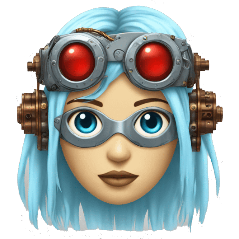 Light blue long hair female cyborg head with red steampunk goggles and circuits emoji