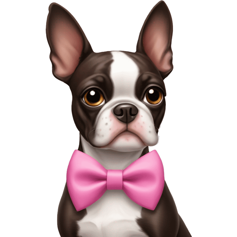 Cinnamon Boston terrier wearing a pink bow  emoji