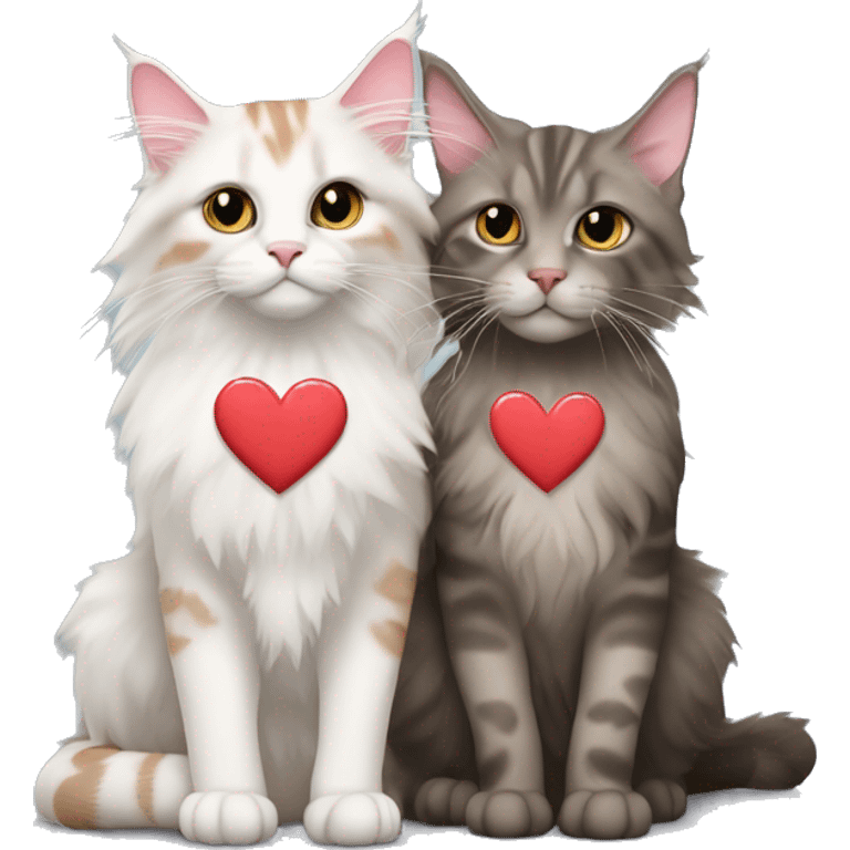 A Maine coon and a hairless cat of different colours kissing with one love heart in front   emoji