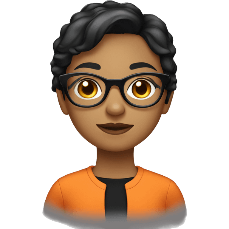 a girl wearing round white glasses, short black hair, wearing an orange shirt with a pointed collar emoji