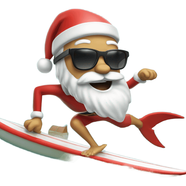 Santa surfing wearing sunglasses. Chased by a shark emoji