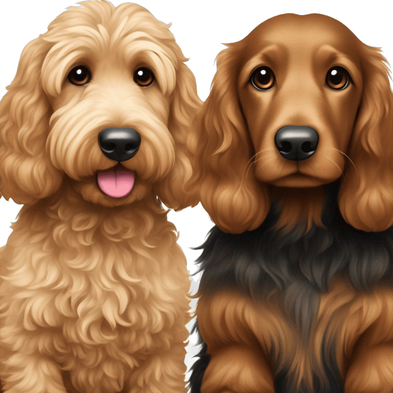 Large Brown goldendoodle and black and tan longhair dachshund sitting together  emoji